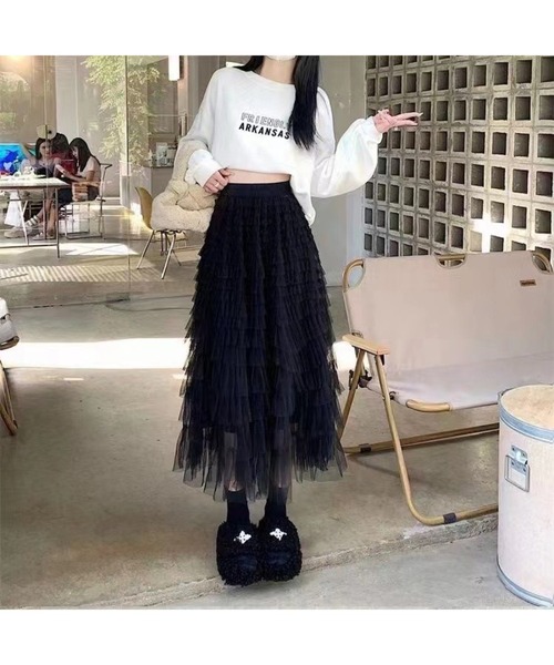 SpRay（スプレイ）の「チュールフリルロングスカート（スカート・レディース・ブラック/ベージュ/アイボリー/グレー・FREE）」の5枚目の写真