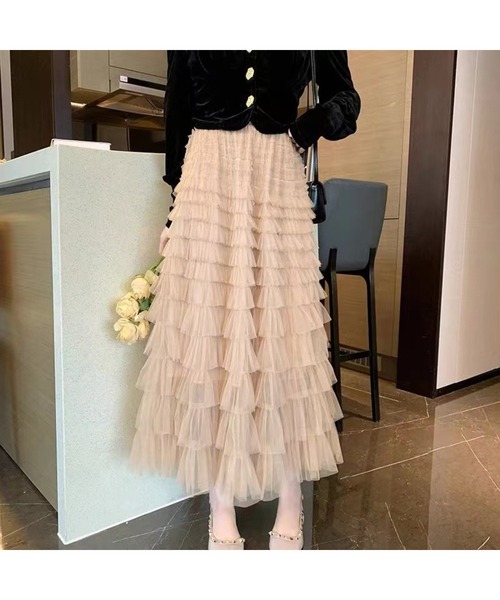 SpRay（スプレイ）の「チュールフリルロングスカート（スカート・レディース・ブラック/ベージュ/アイボリー/グレー・FREE）」の8枚目の写真