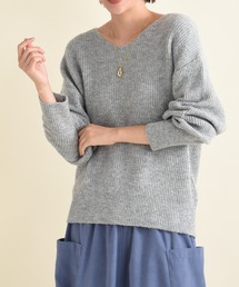 Ｖネック畦編みヤクタッチニット