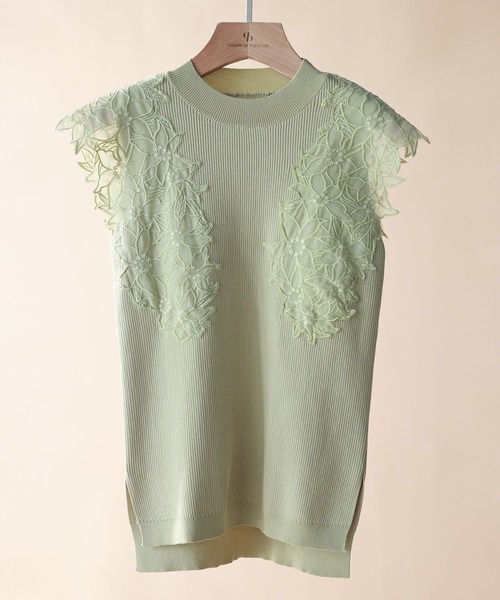 SAISON DE PAPILLON（セゾンドパピヨン）の「レースモチーフスリーブサマーリブニット（タンクトップ・レディース・ピンク/ベージュ/ライム/ブラック・S/M/L）」の5枚目の写真