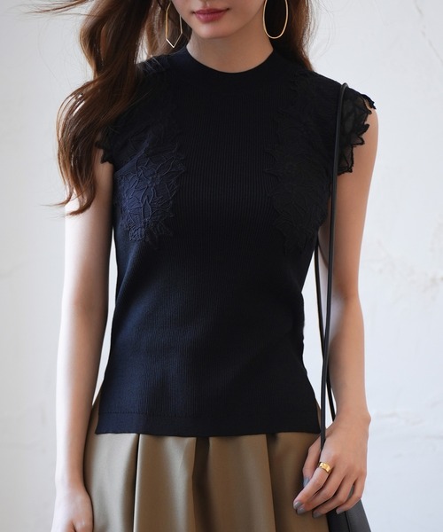 SAISON DE PAPILLON（セゾンドパピヨン）の「レースモチーフスリーブサマーリブニット（タンクトップ・レディース・ピンク/ベージュ/ライム/ブラック・S/M/L）」の11枚目の写真