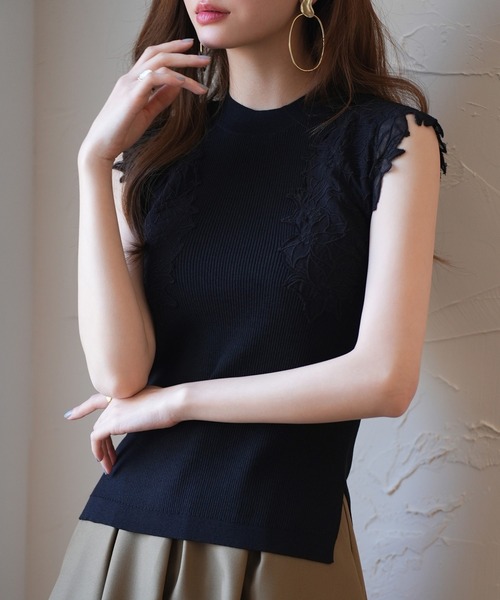 SAISON DE PAPILLON（セゾンドパピヨン）の「レースモチーフスリーブサマーリブニット（タンクトップ・レディース・ピンク/ベージュ/ライム/ブラック・S/M/L）」の6枚目の写真