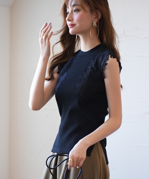 SAISON DE PAPILLON（セゾンドパピヨン）の「レースモチーフスリーブサマーリブニット（タンクトップ・レディース・ピンク/ベージュ/ライム/ブラック・S/M/L）」の18枚目の写真