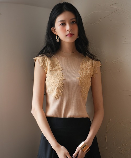 SAISON DE PAPILLON（セゾンドパピヨン）の「レースモチーフスリーブサマーリブニット（タンクトップ・レディース・ピンク/ベージュ/ライム/ブラック・S/M/L）」の7枚目の写真