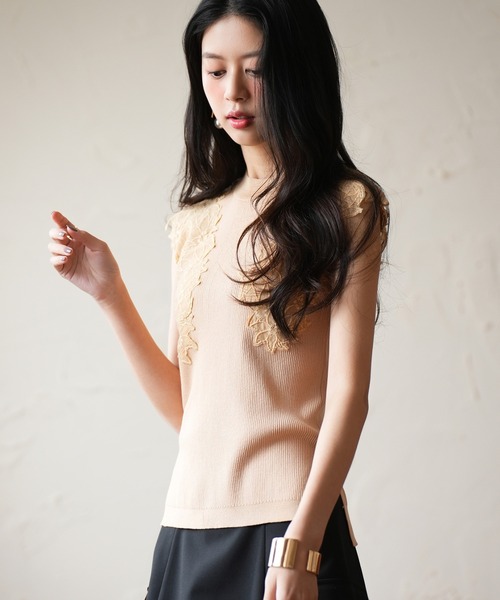 SAISON DE PAPILLON（セゾンドパピヨン）の「レースモチーフスリーブサマーリブニット（タンクトップ・レディース・ピンク/ベージュ/ライム/ブラック・S/M/L）」の19枚目の写真