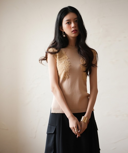 SAISON DE PAPILLON（セゾンドパピヨン）の「レースモチーフスリーブサマーリブニット（タンクトップ・レディース・ピンク/ベージュ/ライム/ブラック・S/M/L）」の15枚目の写真