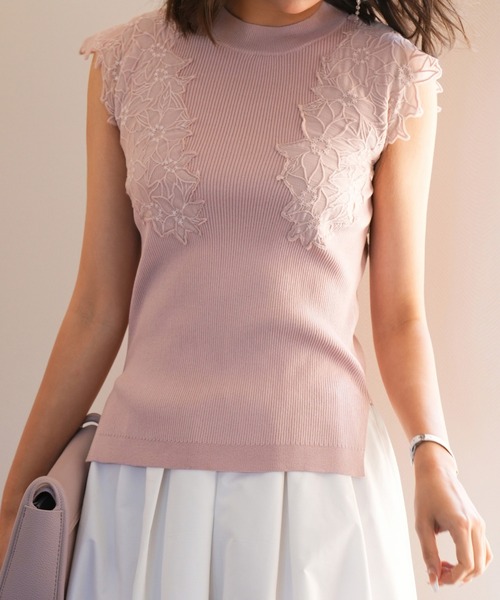 SAISON DE PAPILLON（セゾンドパピヨン）の「レースモチーフスリーブサマーリブニット（タンクトップ・レディース・ピンク/ベージュ/ライム/ブラック・S/M/L）」の20枚目の写真