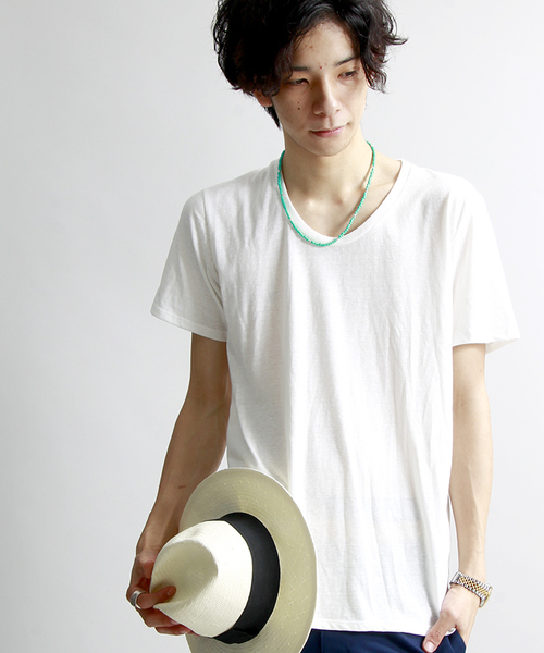 WEGO（ウィゴー）の「WEGO/UネックTシャツ（Tシャツ/カットソー・メンズ・サックスブルー/ブラック/ライトピンク/ホワイト/ライム・SMALL/LARGE/MEDIUM）」の2枚目の写真
