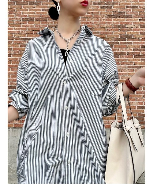 BACK NUMBER（バックナンバー）の「【BACK NUMBER】（Cafe Shirt）ストライプ長袖シャツワンピース（シャツワンピース・レディース・ホワイト×ネイビー/ホワイト×グレー・M/L）」の9枚目の写真