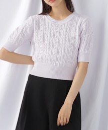 半袖コットンブレンドケーブルニット