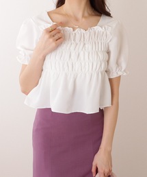 Lace Ladies | スクエアネック シャーリング ペプラム 半袖 プルオーバー(シャツ/ブラウス)