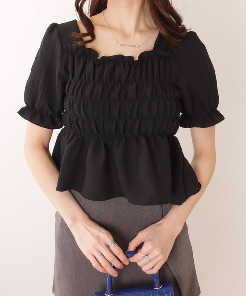 Lace Ladies(レースレディース)の「スクエアネック シャーリング ペプラム 半袖 プルオーバー(シャツ/ブラウス・レディース・ブラック/アイボリー/ホワイト・FREE)」の3枚目の写真