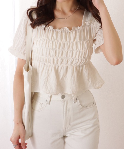 Lace Ladies(レースレディース)の「スクエアネック シャーリング ペプラム 半袖 プルオーバー(シャツ/ブラウス・レディース・ブラック/アイボリー/ホワイト・FREE)」の12枚目の写真