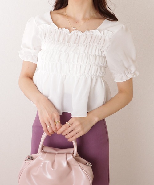 Lace Ladies(レースレディース)の「スクエアネック シャーリング ペプラム 半袖 プルオーバー(シャツ/ブラウス・レディース・ブラック/アイボリー/ホワイト・FREE)」の14枚目の写真