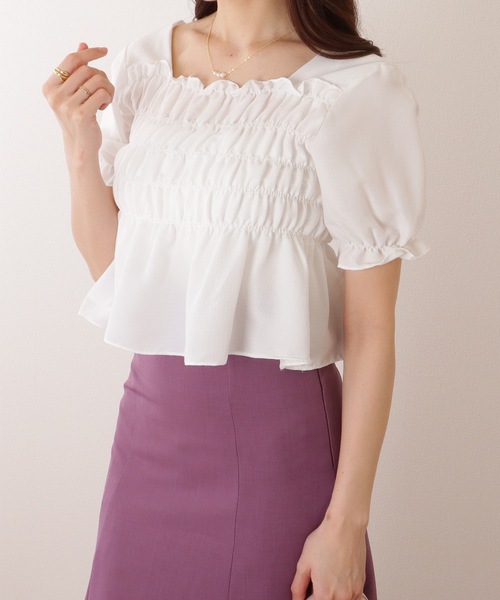 Lace Ladies(レースレディース)の「スクエアネック シャーリング ペプラム 半袖 プルオーバー(シャツ/ブラウス・レディース・ブラック/アイボリー/ホワイト・FREE)」の15枚目の写真