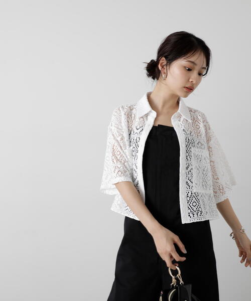 N.（N. Natural Beauty Basic）（エヌエヌナチュラルビューティーベーシック）の「◆レースクロップドシャツ（シャツ/ブラウス・レディース・ホワイト/ブラック・MEDIUM）」の8枚目の写真