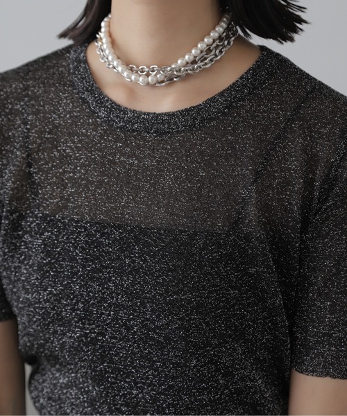 FREE'S MART（フリーズマート）の「◇コンパクトラメシアー半袖ニット（ニット/セーター・レディース・ピンク/シルバー/ブラック・FREE）」の4枚目の写真