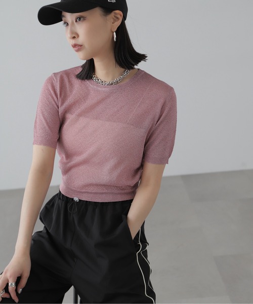 FREE'S MART（フリーズマート）の「◇コンパクトラメシアー半袖ニット（ニット/セーター・レディース・ピンク/シルバー/ブラック・FREE）」の9枚目の写真