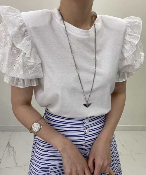 【セール】ショルダーフリルレースパワショルダートップス（Tシャツ/カットソー）｜deux amour（ドゥーザムール）