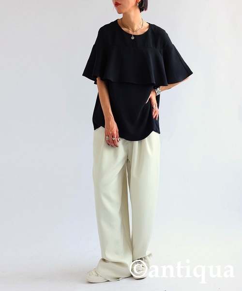 tシャツ フリルディテール　フレアAライン　ポンチトップス レディース セール】フリルトップス（Tシャツ/カットソー）｜antiqua
