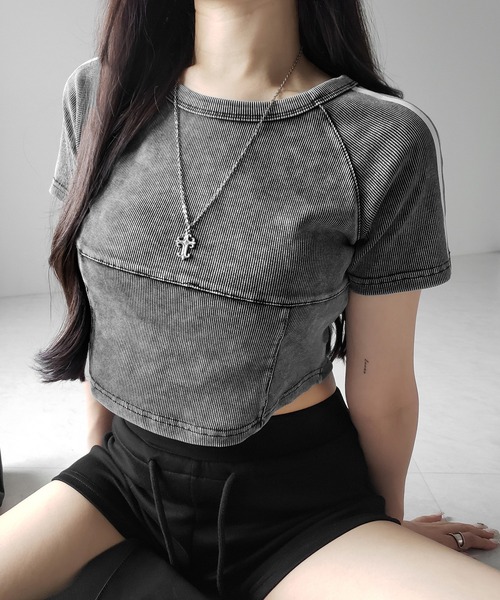 me+em select(ミームセレクト)の「※※サイドラインヴィンテージショートリブTシャツ / sideline vintage short lib T-shirt(Tシャツ/カットソー・レディース・ブラック/グレー・FREE)」の1枚目の写真