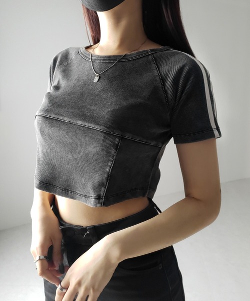 me+em select(ミームセレクト)の「※※サイドラインヴィンテージショートリブTシャツ / sideline vintage short lib T-shirt(Tシャツ/カットソー・レディース・ブラック/グレー・FREE)」の2枚目の写真