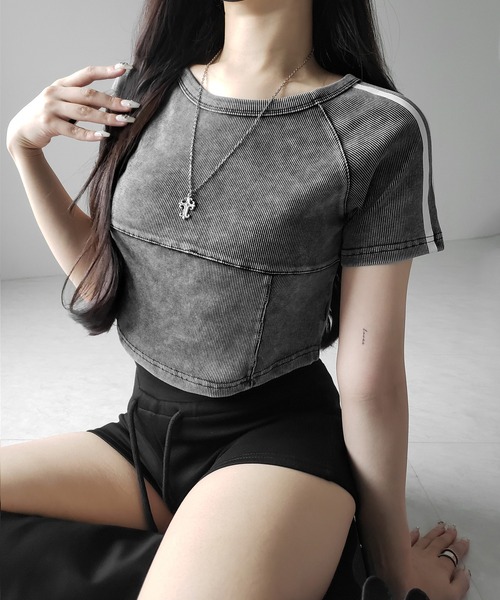 me+em select(ミームセレクト)の「※※サイドラインヴィンテージショートリブTシャツ / sideline vintage short lib T-shirt(Tシャツ/カットソー・レディース・ブラック/グレー・FREE)」の16枚目の写真