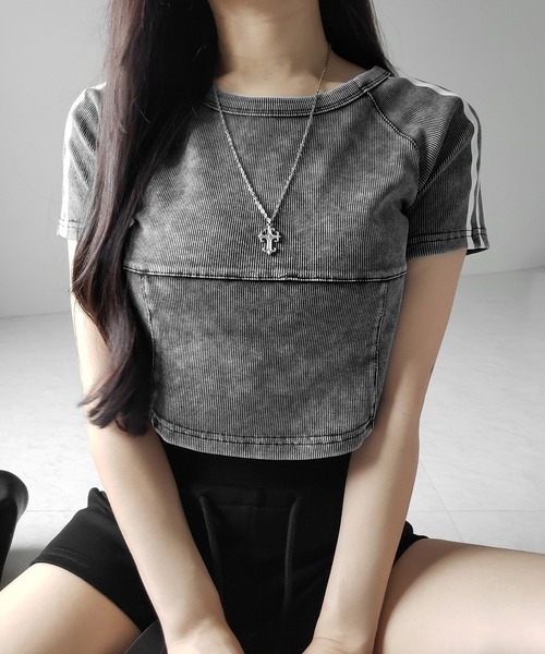 me+em select(ミームセレクト)の「※※サイドラインヴィンテージショートリブTシャツ / sideline vintage short lib T-shirt(Tシャツ/カットソー・レディース・ブラック/グレー・FREE)」の8枚目の写真