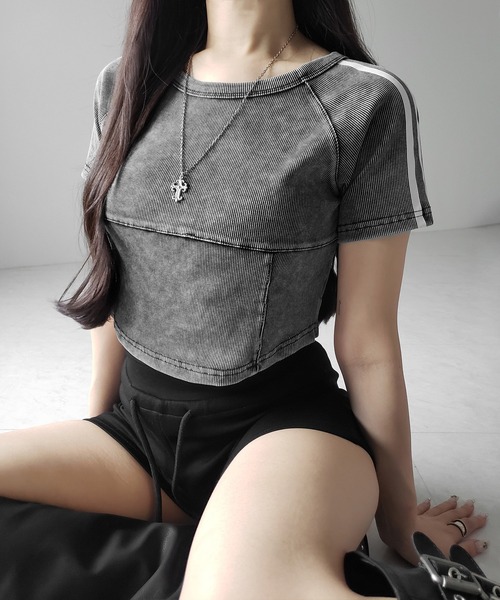 me+em select(ミームセレクト)の「※※サイドラインヴィンテージショートリブTシャツ / sideline vintage short lib T-shirt(Tシャツ/カットソー・レディース・ブラック/グレー・FREE)」の7枚目の写真