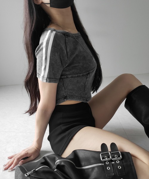 me+em select(ミームセレクト)の「※※サイドラインヴィンテージショートリブTシャツ / sideline vintage short lib T-shirt(Tシャツ/カットソー・レディース・ブラック/グレー・FREE)」の5枚目の写真