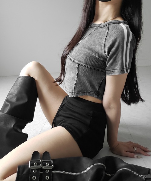 me+em select(ミームセレクト)の「※※サイドラインヴィンテージショートリブTシャツ / sideline vintage short lib T-shirt(Tシャツ/カットソー・レディース・ブラック/グレー・FREE)」の4枚目の写真