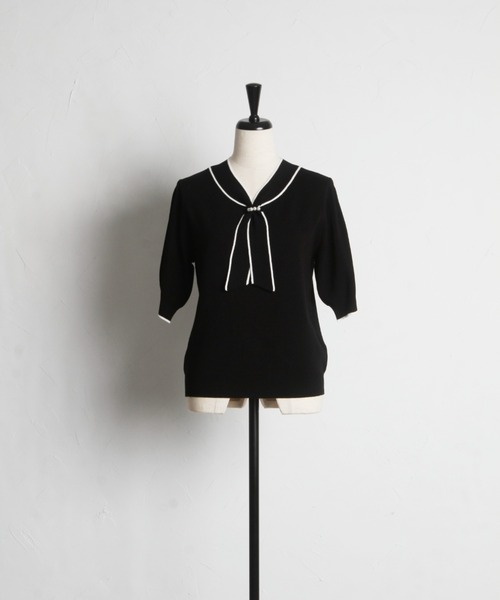 tocco closet(トッコ クローゼット)の「パール付きボウタイ配色ニットプルオーバー(ニット/セーター・レディース・ブラック/ピンクベージュ/オフホワイト/ラベンダー・M)」の12枚目の写真