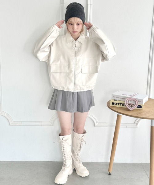 バルマン　レザージャケット　ラムレザー　フォックスファー　リボン　アイボリー libelle more（リベル モア） レザージャケット ライダース スウェード