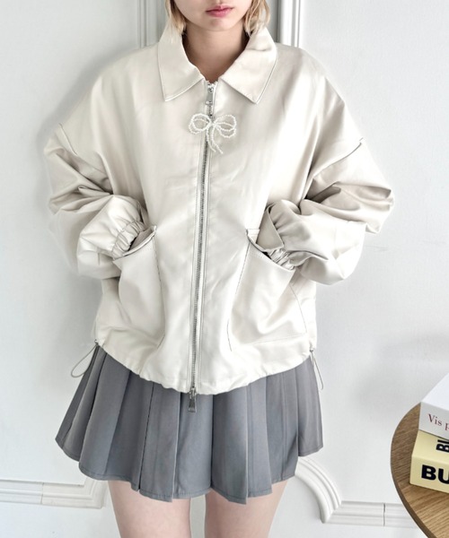 バルマン　レザージャケット　ラムレザー　フォックスファー　リボン　アイボリー セール】パールリボンフェイクレザージャケット【取外し可】（ブルゾン