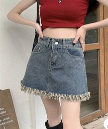 裾フリンジミニデニムスカート