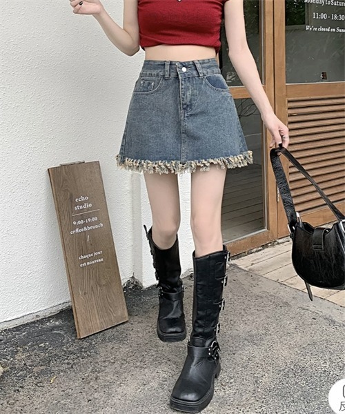 FREE STYLISTS(フリー スタイリスト)の「裾フリンジミニデニムスカート(デニムスカート・レディース・ブルー・S/M/L/XL/XXL)」の10枚目の写真