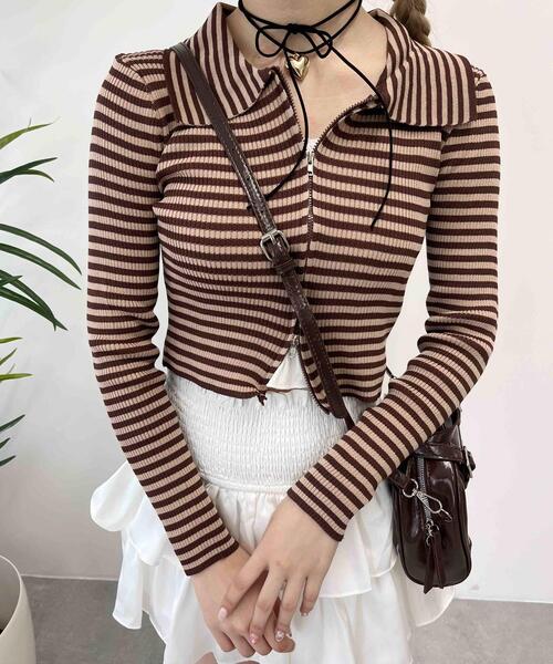 PHILLY(フィリー)の「【PHILLY】Wジップボーダーカーディガン(カーディガン/ボレロ・レディース・ブラウン/ブラック/グレー・FREE)」の2枚目の写真