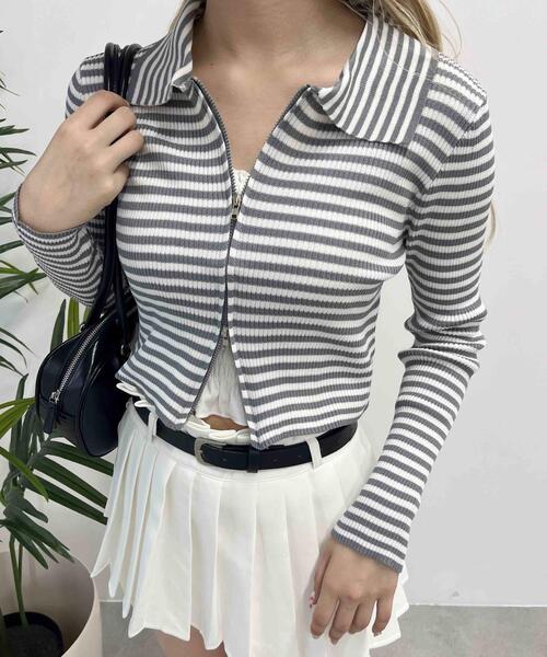 PHILLY(フィリー)の「【PHILLY】Wジップボーダーカーディガン(カーディガン/ボレロ・レディース・ブラウン/ブラック/グレー・FREE)」の3枚目の写真