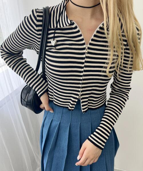 PHILLY(フィリー)の「【PHILLY】Wジップボーダーカーディガン(カーディガン/ボレロ・レディース・ブラウン/ブラック/グレー・FREE)」の1枚目の写真