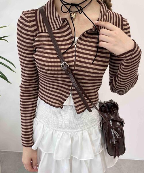 PHILLY(フィリー)の「【PHILLY】Wジップボーダーカーディガン(カーディガン/ボレロ・レディース・ブラウン/ブラック/グレー・FREE)」の6枚目の写真