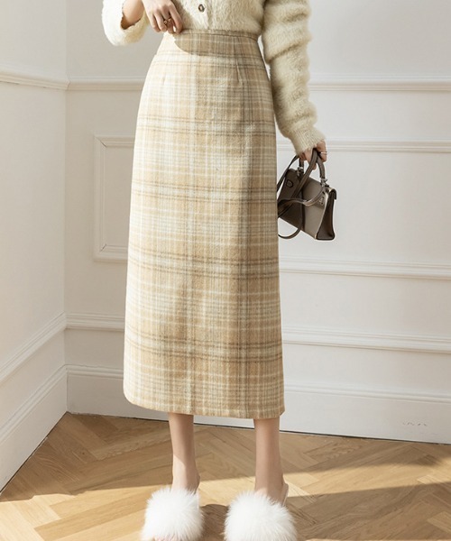 a lot of love(ア ロット オブ ラブ)の「グレンチェック柄 ナロースカート(スカート・レディース・ベージュ/グレー・S/M/L)」の1枚目の写真