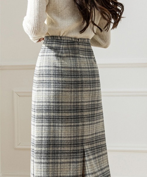 a lot of love(ア ロット オブ ラブ)の「グレンチェック柄 ナロースカート(スカート・レディース・ベージュ/グレー・S/M/L)」の5枚目の写真