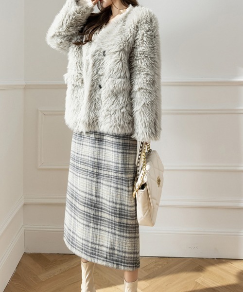 a lot of love(ア ロット オブ ラブ)の「グレンチェック柄 ナロースカート(スカート・レディース・ベージュ/グレー・S/M/L)」の7枚目の写真