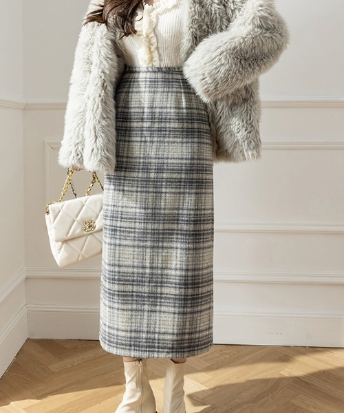 a lot of love(ア ロット オブ ラブ)の「グレンチェック柄 ナロースカート(スカート・レディース・ベージュ/グレー・S/M/L)」の9枚目の写真