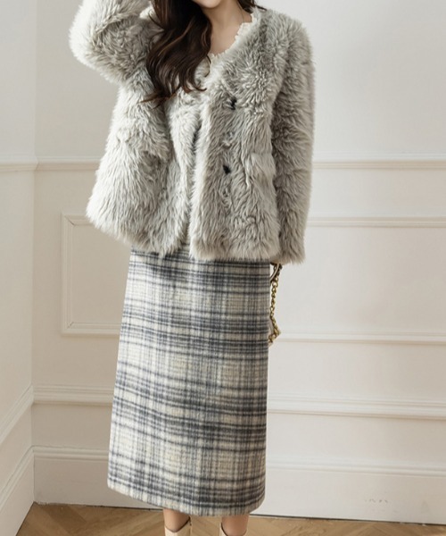 a lot of love(ア ロット オブ ラブ)の「グレンチェック柄 ナロースカート(スカート・レディース・ベージュ/グレー・S/M/L)」の8枚目の写真