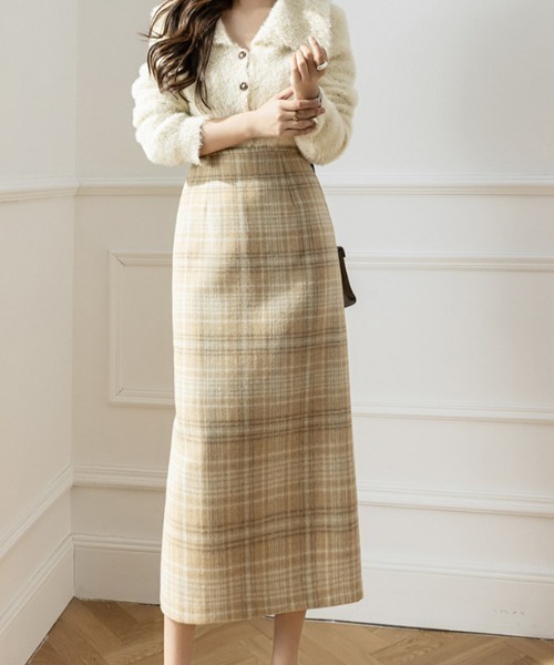 a lot of love(ア ロット オブ ラブ)の「グレンチェック柄 ナロースカート(スカート・レディース・ベージュ/グレー・S/M/L)」の10枚目の写真