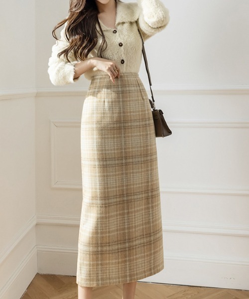 a lot of love(ア ロット オブ ラブ)の「グレンチェック柄 ナロースカート(スカート・レディース・ベージュ/グレー・S/M/L)」の11枚目の写真