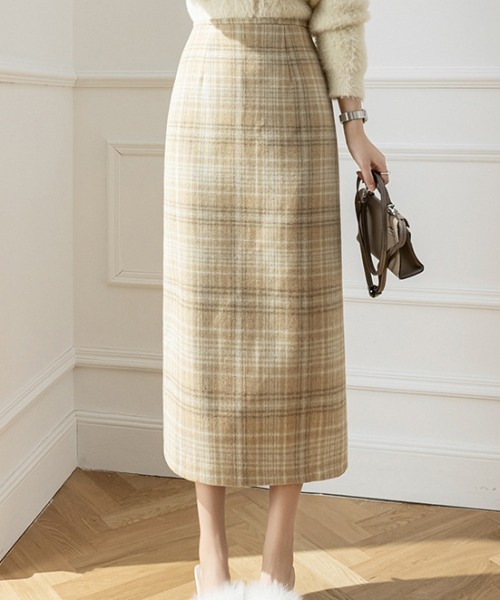 a lot of love(ア ロット オブ ラブ)の「グレンチェック柄 ナロースカート(スカート・レディース・ベージュ/グレー・S/M/L)」の12枚目の写真