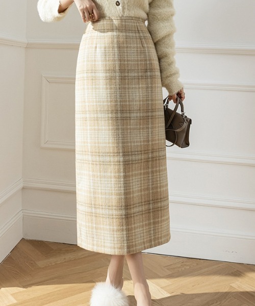 a lot of love(ア ロット オブ ラブ)の「グレンチェック柄 ナロースカート(スカート・レディース・ベージュ/グレー・S/M/L)」の13枚目の写真