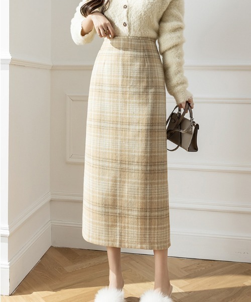 a lot of love(ア ロット オブ ラブ)の「グレンチェック柄 ナロースカート(スカート・レディース・ベージュ/グレー・S/M/L)」の14枚目の写真
